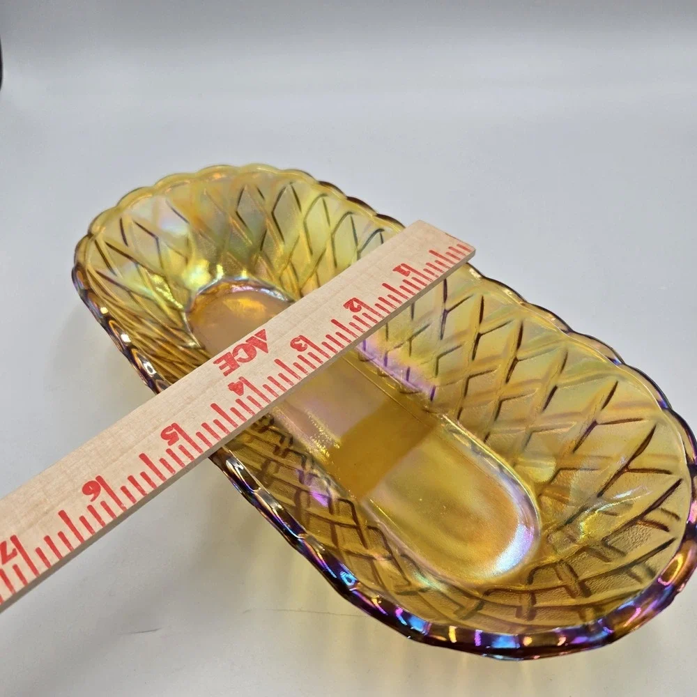 Vintage‎ Indiana Glass Oblong Bowls Relish Dish Iridescent Gold Carnival 10.5